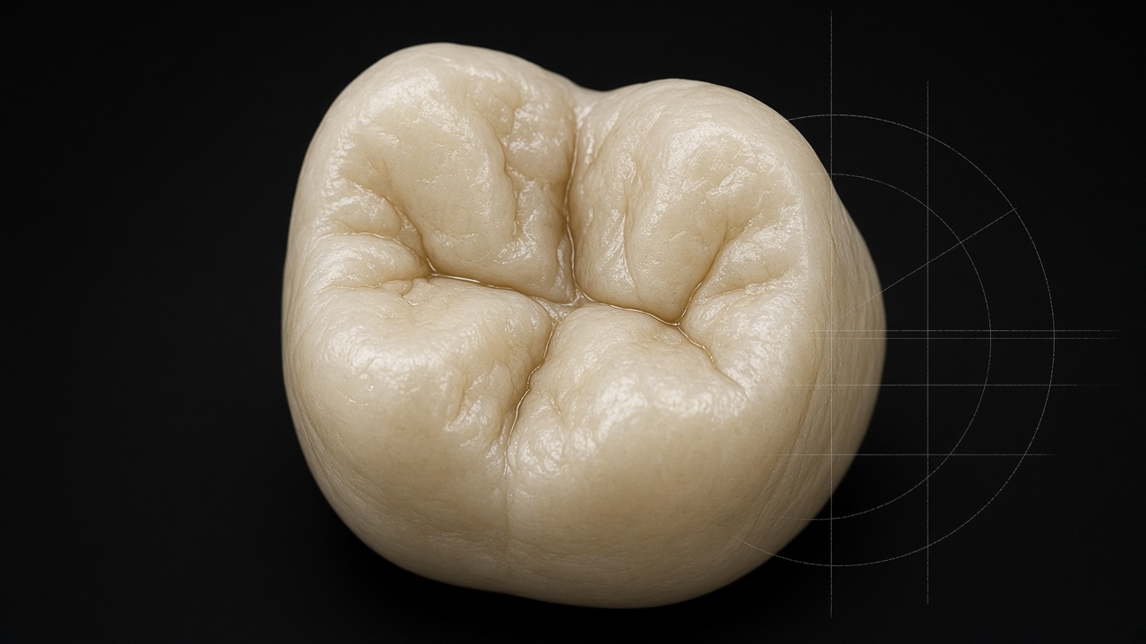 Macro render of a ceramic molar crown showing occlusal anatomy, with fine technical construction lines.