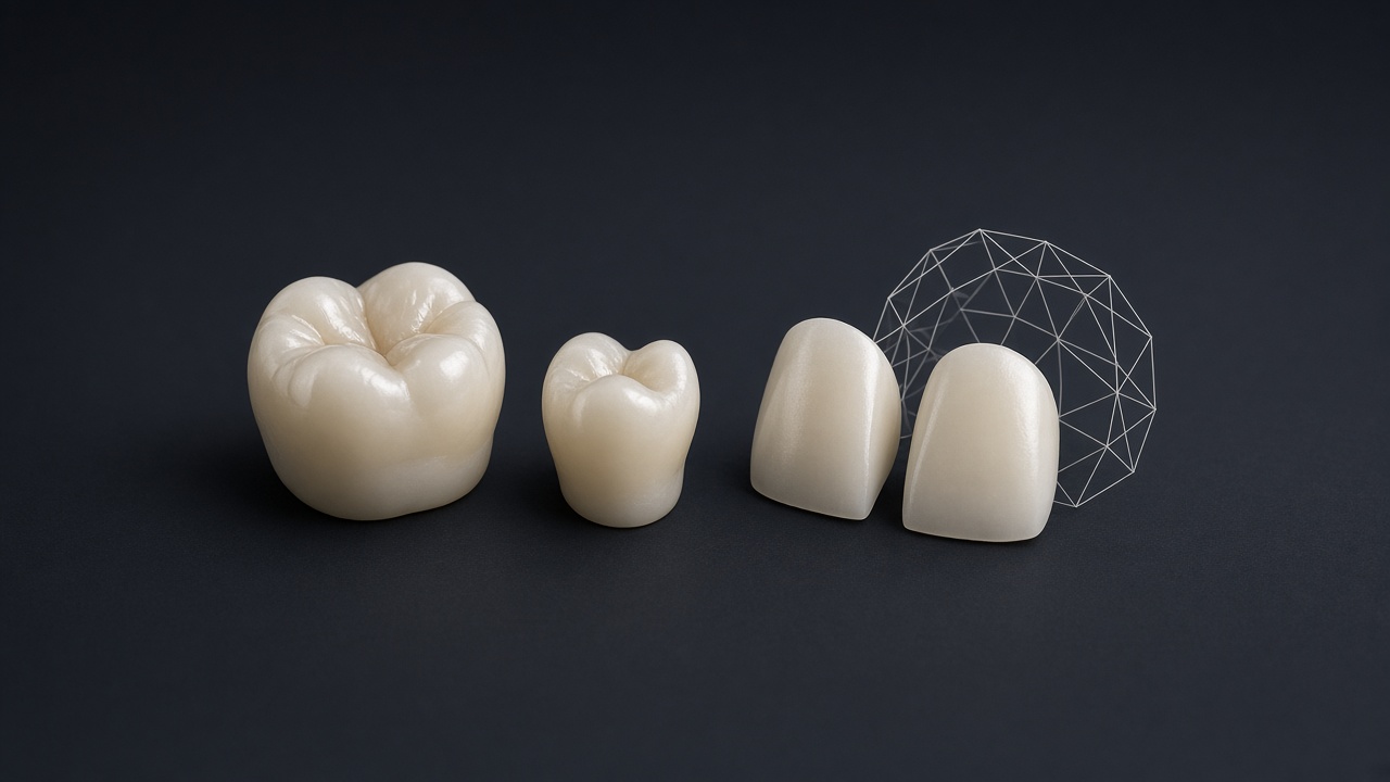 Ceramic molar and premolar crowns and two veneers on a dark surface beside a wireframe geometric form.